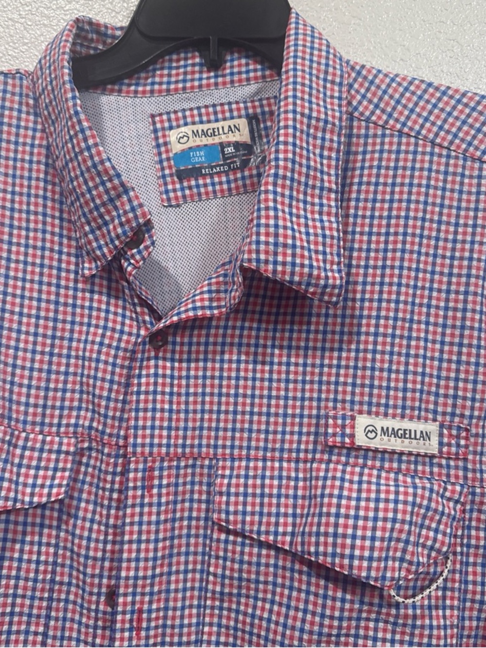 Magellan Outdoors Red and Blue Check Button-Front Casual Shirt